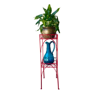 Vtg Mid-Century Red Metal 2-Tier Plant Stand | Color Pop Garden Decor | Corner Display Stand | Retro Storage Stand 
