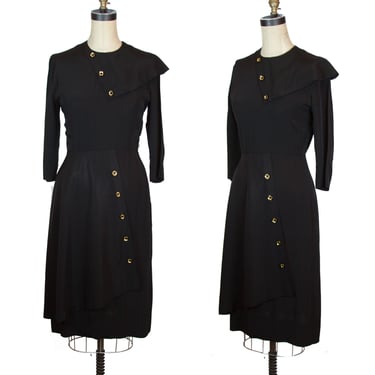 1940s Dress ~ Black Rayon Asymmetrical Button Dress 