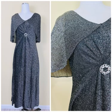 1970s Vintage Black and Silver Lurex Cape Dress / 70s Capelet Rhinestone Metallic Disco Gown / Size Small - Medium 