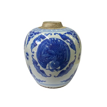 Oriental Handpaint Bird Bat Small Blue White Porcelain Ginger Jar ws2324E 