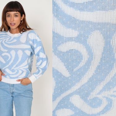Swirl Print Sweater 80s Baby Blue White Pullover Knit Ringer Sweater Abstract Pastel Crewneck Jumper Spring Acrylic Vintage 1980s Small S 