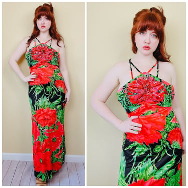 1970s Vintage Orange and Green Floral Nylon Maxi Dress / 70s Halter Cage Neck Flower Print Disco Gown / Size Small - Medium 