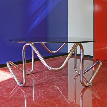 Large Vintage Postmodern Flowing Tubular Chrome Smoked Glass Coffee Table Eclectic Circular Side End Mid Century Modern Streamline Bauhaus 