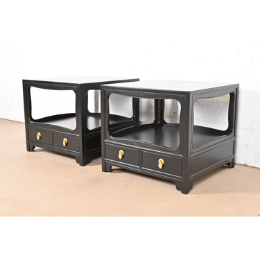 Michael Taylor for Baker Far East Collection Black Lacquered Nightstands or End Tables, Newly Refinished