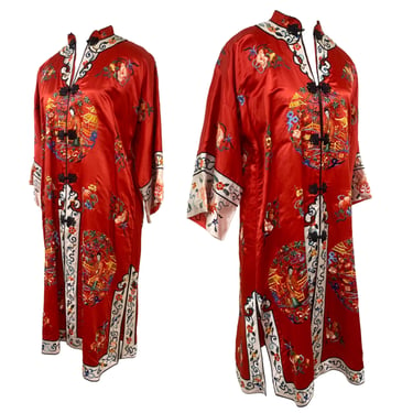 Vtg Vintage 1960s 60s 1970s 70s Embroidered Chinese Garden Scene Red Robe 