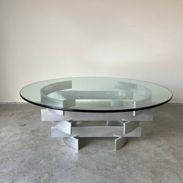 Paul Mayen Style Stacked Aluminum & Glass Top Cocktail Table 