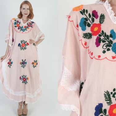 Pink Mexican Lightweight Caftan Embroidered Summer Floral Beach Cover Up South American Once Size Resort Maxi 