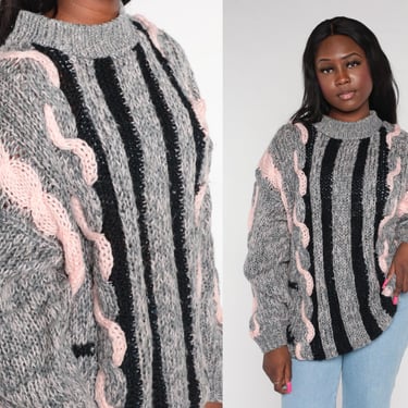 Striped Sweater 80s 90s Chunky Knit Pullover Sweater Grey Black Pink Squiggle Jumper Retro Slouchy Acrylic Vintage 1990s Extra Large xl 