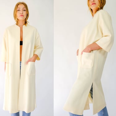 Vintage 60s Minimalistic Cream Wool Open Front Duster w/ Large Patch Pockets | 100% Wool | 1960s Space Age, Bohemian, Kimono Style Duster 