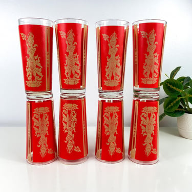 Vintage MCM Asian Thai Mandalay Red Glasses Highball Tumblers Set of 7, Red & Gold Asian Decor, MCM Barware, Thai goddess Highball Glass Set 