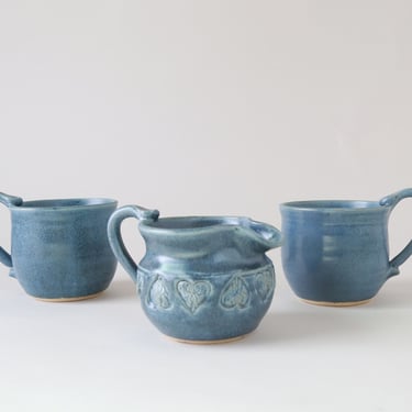 vintage blue Stoneware heart coffee mugs creamer set 