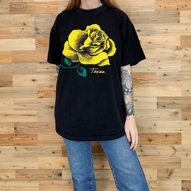 Texas Yellow Rose Puff Paint Vintage T Shirt 