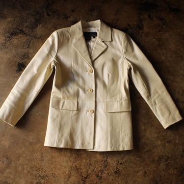 Cream Leather Blazer / Vintage Leather Jacket / Women's Pearl Colored Coat 