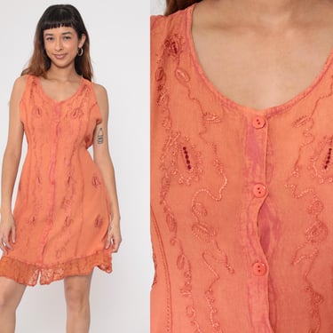 90s Indian Embroidered Dress Boho Orange Mini Dress Paisley Sundress Hippie Button Up Day Princess Seam Sun Vintage 1990s Small Medium 