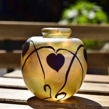 Vintage 1983 Signed Robert Eickholt Art Glass Bud Vase, Small Round Bottle Vase, Iridescent Yellow Glass, Nouveau Style Designs, 3 1/4" H 
