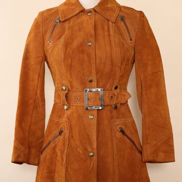 Cognac Suede Zip and Buckle Trench XS