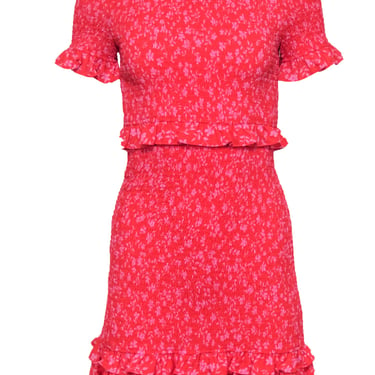 Likely - Red &amp; Purple Floral Print Smocked &quot;Faye&quot; Bodycon Dress w/ Ruffles Sz 6