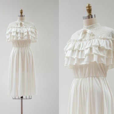 white ruffled dress | 70s 80s vintage cream ivory high collar lace cute cottagecore knee length dress 