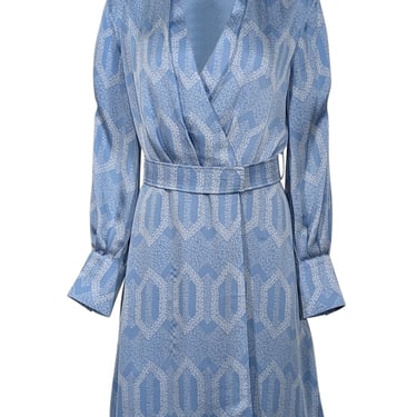 Equipment - Light Blue & White Printed Satin Wrap Dress w/ Belt Sz 6