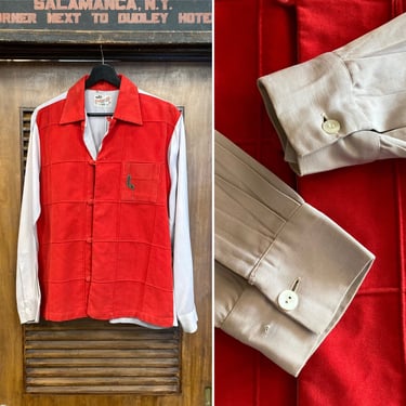 Vintage 1950’s Rayon Gab Two-Tone Velvet Panel Loop Collar Rockabilly Shirt, 50’s Vintage Clothing 