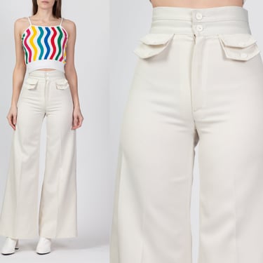 Retro 70s White High Waist Flared Pants - Extra Small, 24&quot; | Vintage Double Button Bell Bottom Boho Trousers 
