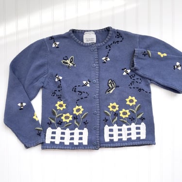 cute cottagecore sweater 90s vintage sunflower butterfly bee blue embroidered cardigan 