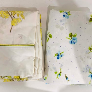Vintage Mismatched Wamsutta Ultracale Pequot Twin Flat Sheets Floral Bedding Cotton Fabric Set of 2 Pair 1960s 