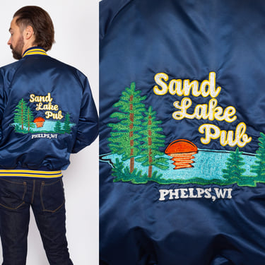 XL 80s Sand Lake Pub Wisconsin Satin Bomber Jacket | Vintage Phelps Tourist Souvenir Navy Blue Snap Button Varsity Windbreaker 
