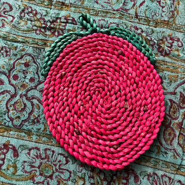 Vintage ‘70s ‘80s woven strawberry trivet | pink & green with wooden beads, vintage kitchen, cottage core aesthetic 