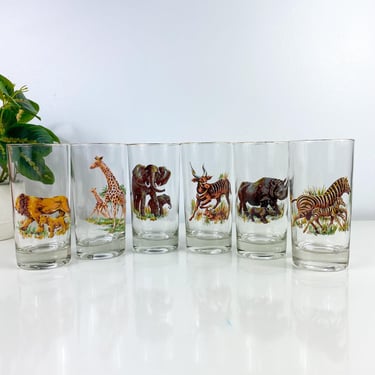 Pasari African Animals Vintage gold Rim Drinking Glasses, Giraffe Rhino Zebra Lion Gazelle Elephant, Mom & Baby Animals, MCM Cocktail Glass 