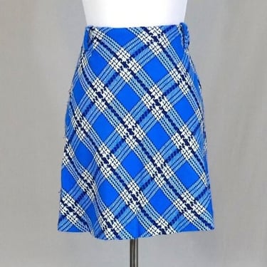 60s 70s Short Plaid Skirt - 25" waist - Blue and White - Side Metal Zipper - Juniors Schoolgirl Skirt - Vintage 1960s 1970s - XS S 