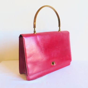 1960's Red Leather Structured Purse Gold Metal Top Handle Rectangular Shape 60's Handbags 