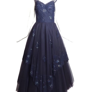 GOTHE-1950s Navy Sequin Lace Evening Gown, Size-6