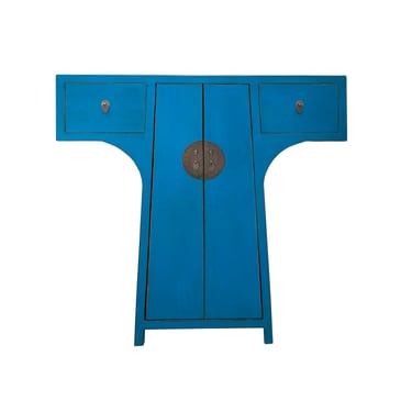 Chinese Moon Face T-Shape Benitoite Blue Drawers Side Table Cabinet cs7510E 