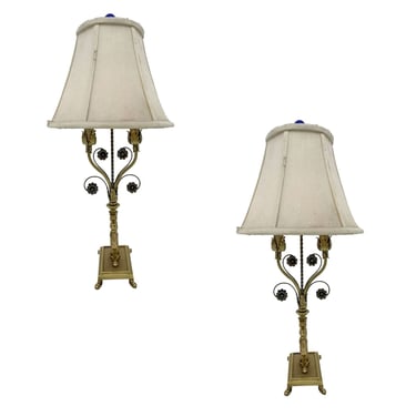 Hollywood Regency Brass Scrolling Griffin Table Lamp w/ Lamp Shade, Pair 