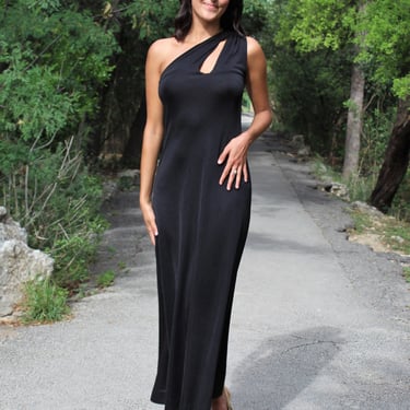 Vintage 1970s Black One Shoulder Maxi Dress, Small Women, Slinky Evening Gown 