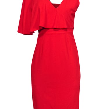 Dress the Population - Red Fitted Midi Dress w/ One Shoulder Ruffle Sz M