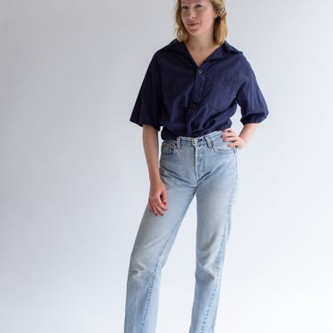 Vintage Overdye Navy Blue Silky Button Up Shirt | Short Sleeve Work Shirt | S M | 
