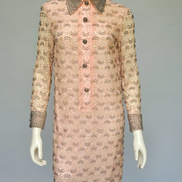 vintage 1960s peach beaded lace mod party dress S/M 