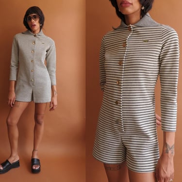 Vintage 60s Lacoste Romper/ 1960s David Crystal Gray Striped Jumpsuit/ Size Medium 