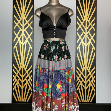 1970s skirt, bombacha esprit, patchwork, vintage 70s skirt, full tiered, floral rayon, x-small, hippie skirt, bohemian, festival, 25 waist 