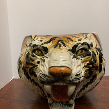 1960s Ceramic Tiger Head Planter, Made in Italy 