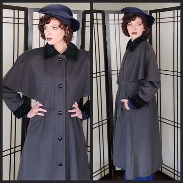 80s Gray Wool Coat w/Embroidered Velvet Collar & Shoulder Panel Charles Klein 