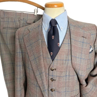 Vintage 1970s CRICKETEER 3pc Wool Suit ~ 38 to 40 Extra Long ~ vest / waistcoat ~ pants / jacket / sport coat ~ Glen Plaid / Prince of Wales 