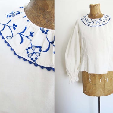 Vintage 60s Embroidered Long Sleeve White Peasant Top Raw Cut Hem - Button Back - Blue Embroidery 
