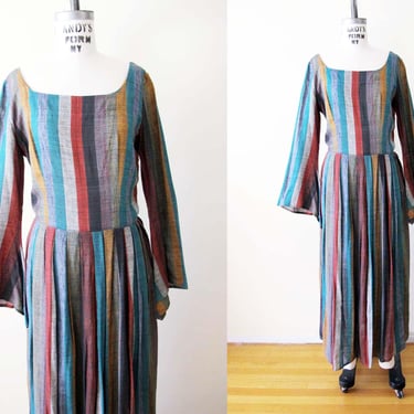 Vintage 70s Striped Cotton Maxi Dress Long Bell Sleeves M - 1970s Long Colorful Boho Pleated Sundress 