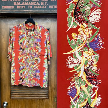 Vintage 1940’s Size L “Kamehameha” Vertical Floral Border Pattern Rayon Hawaiian Shirt, 40’s Loop Collar, Vintage Clothing 