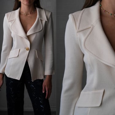 Vintage 90s ST JOHN Collection Ivory Santana Knit Blazer Jacket w/ Gold Floral Button Accent | Made in USA | 1990s Designer Flared Sleeve 