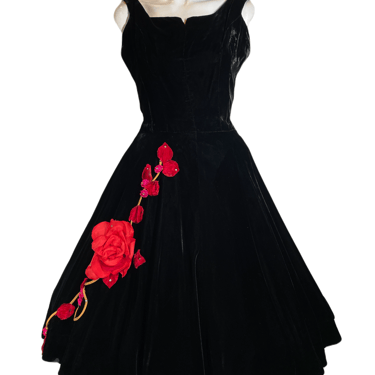 1950's Black Velvet Rose Dress Size M