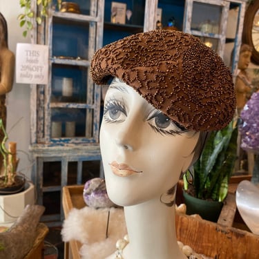 1950s brown beaded hat, vintage millinery, scrolling copper beads, julliette cap, asymmetrical beret, dreyfuss and son 